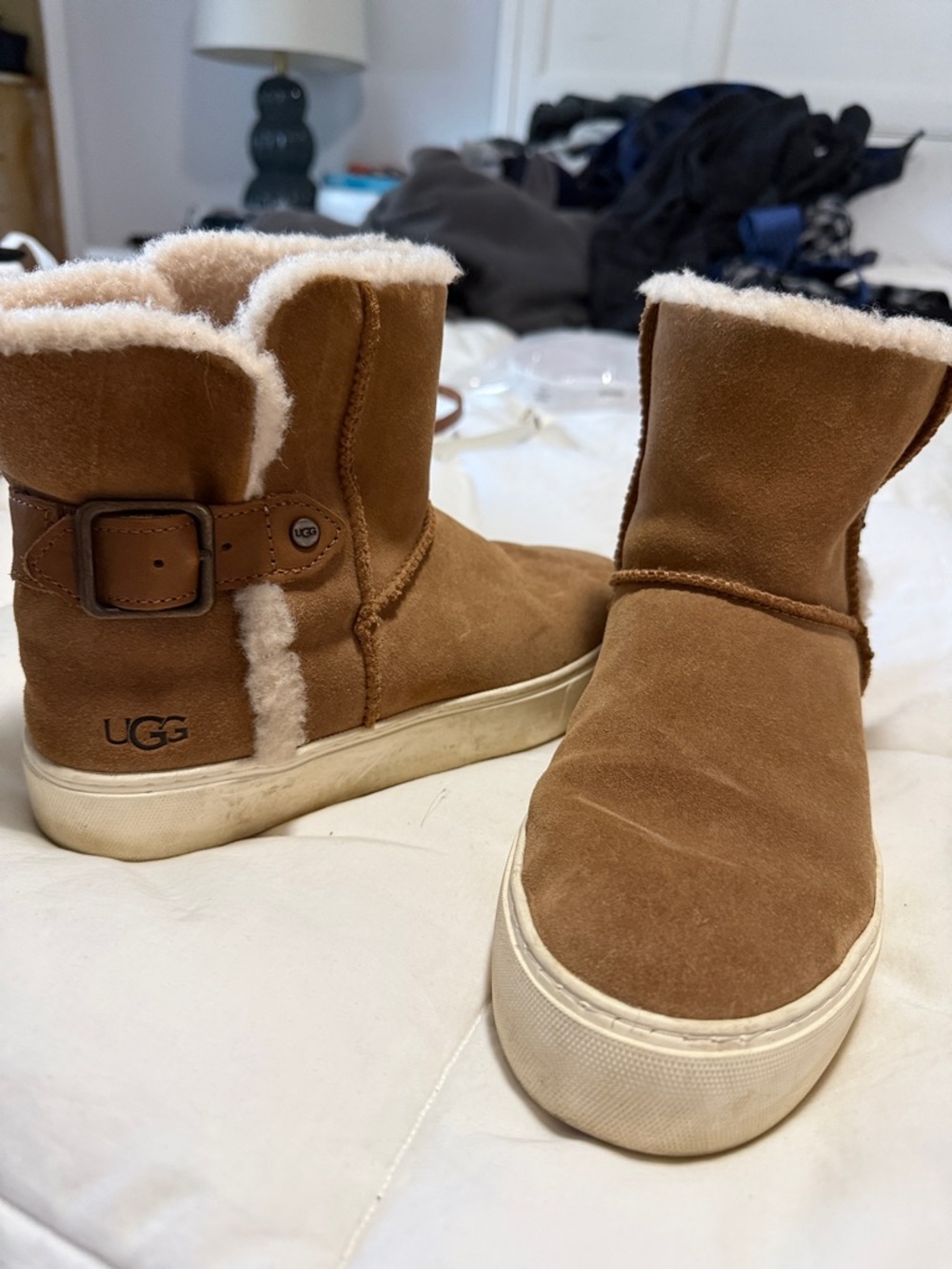 UGG Chestnut Suede Shearling-Trim Slip-On Booties